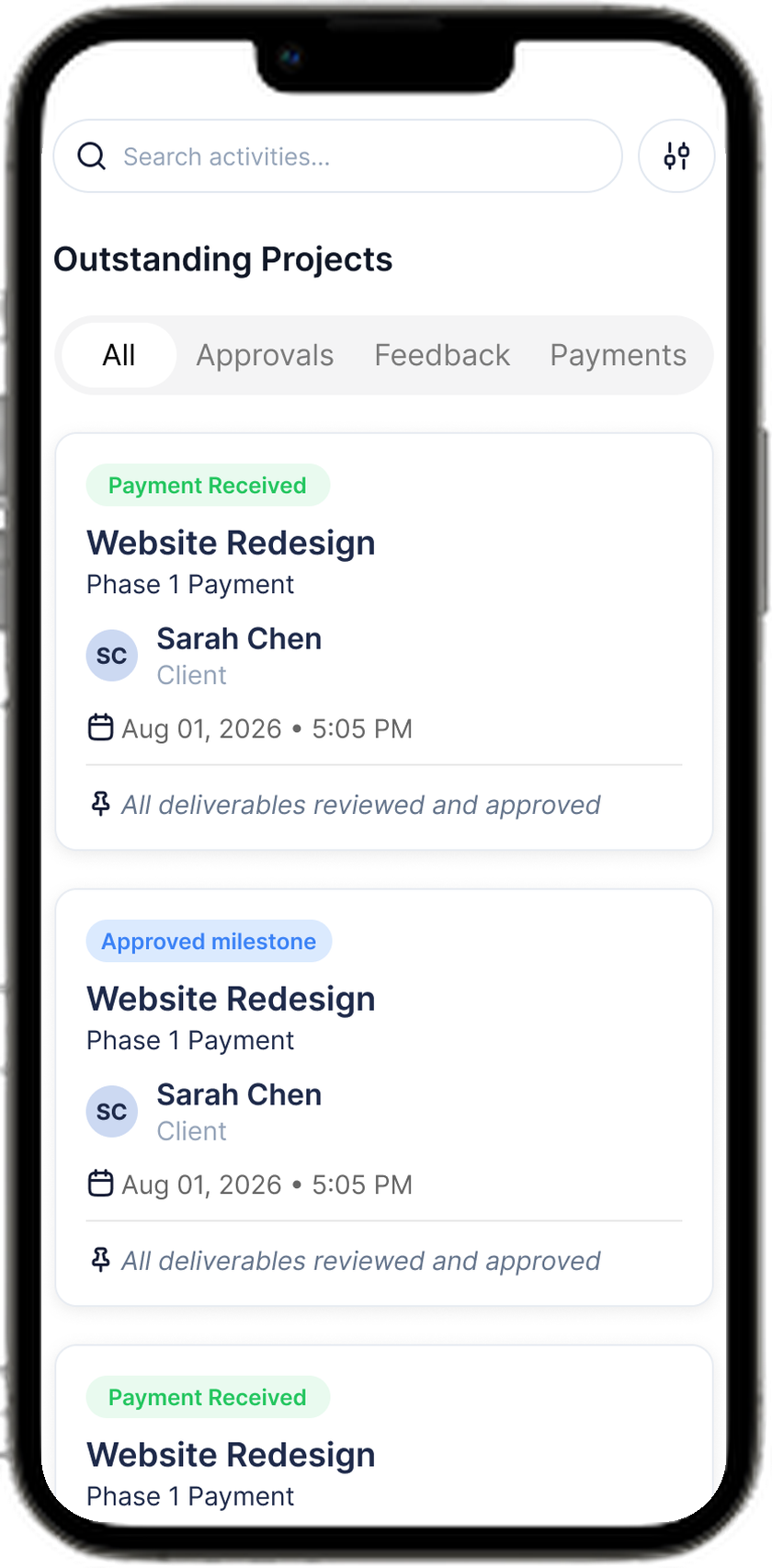 StageDue activity screen showing approved milestones and payments received