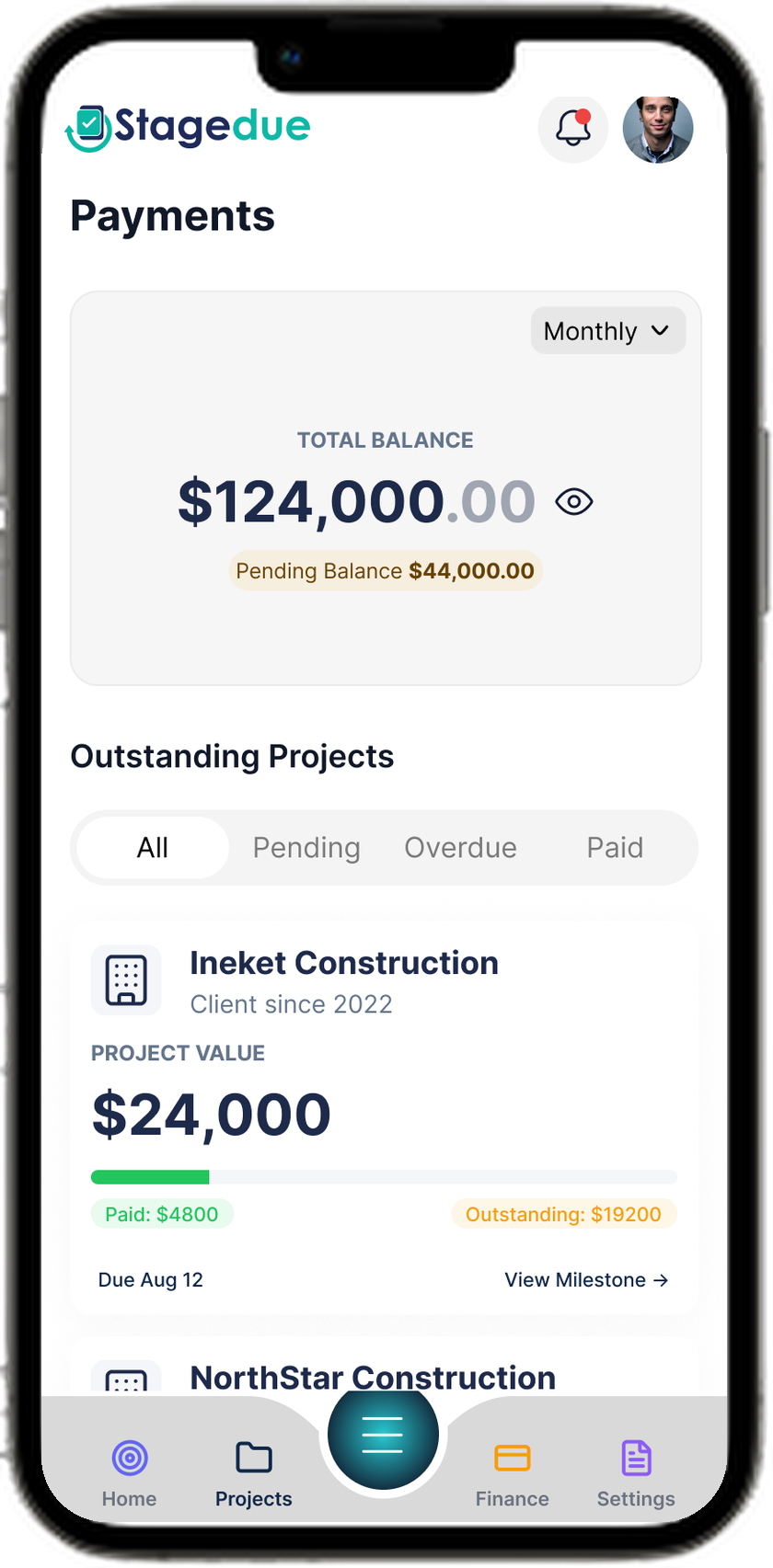 StageDue payments dashboard showing total balance and outstanding project payments