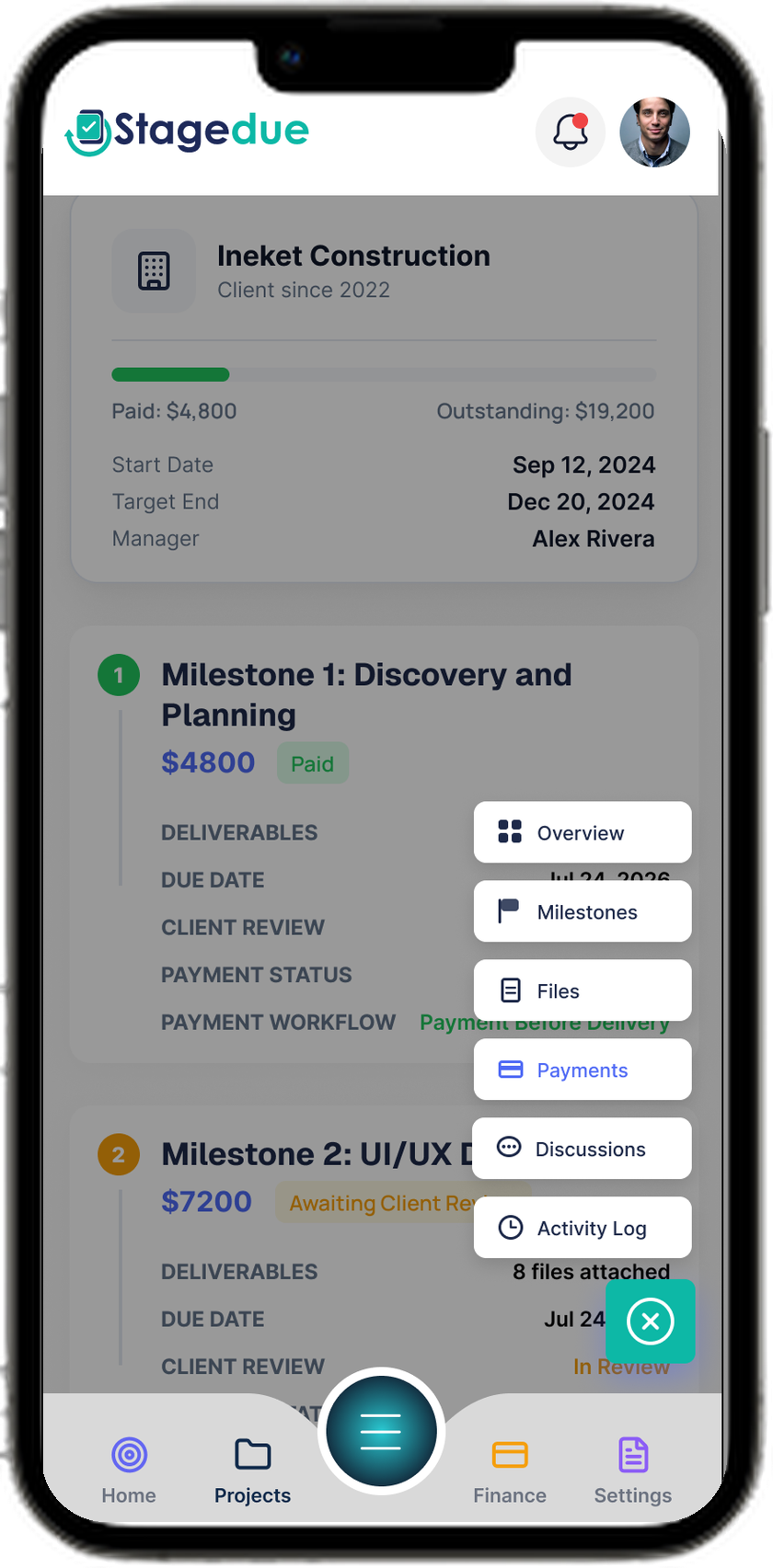 StageDue project screen with milestone navigation and client review status