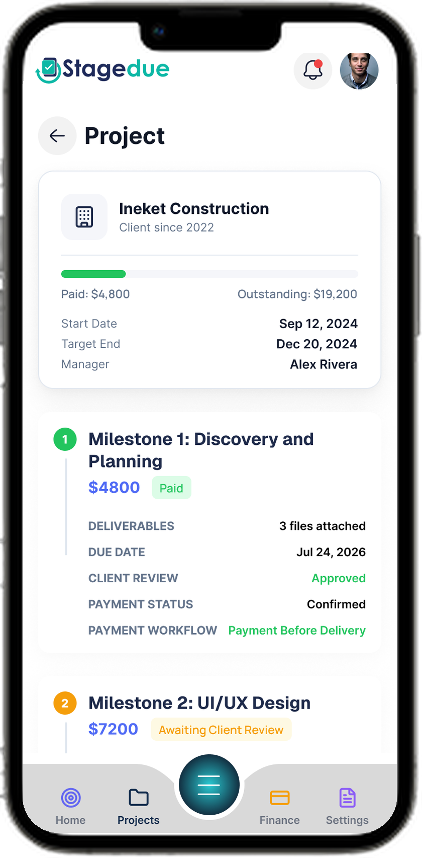 StageDue project overview with milestone progress, client review and payment status